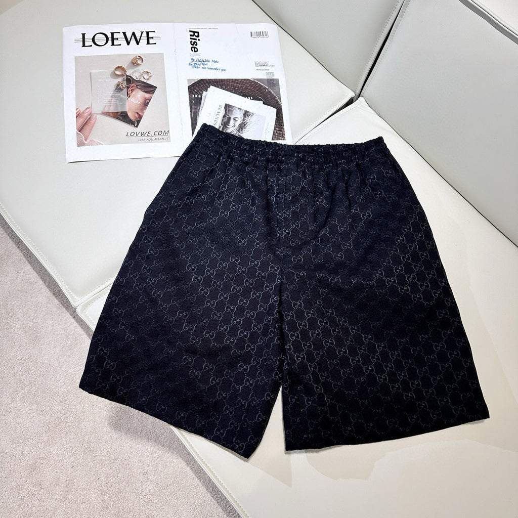 Gucci Men's Summer Black Full Printed Linen Short Sleeve Lapel Cotton Shirt Stretch Shorts Suit Set #98562