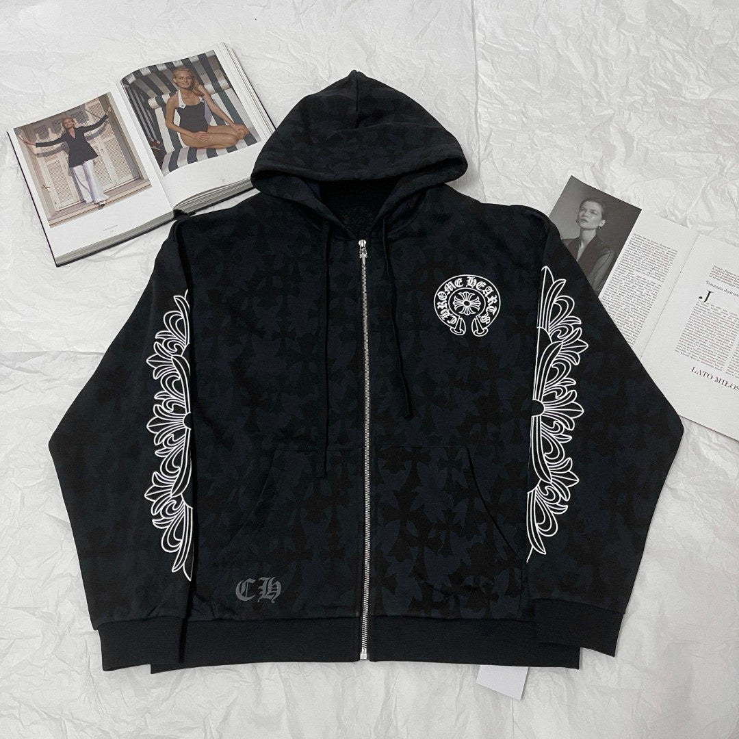 Chrome Hearts Men's Spring and Fall Black Logo Printed Zipper Long Sleeve Hooded Jacket #73992