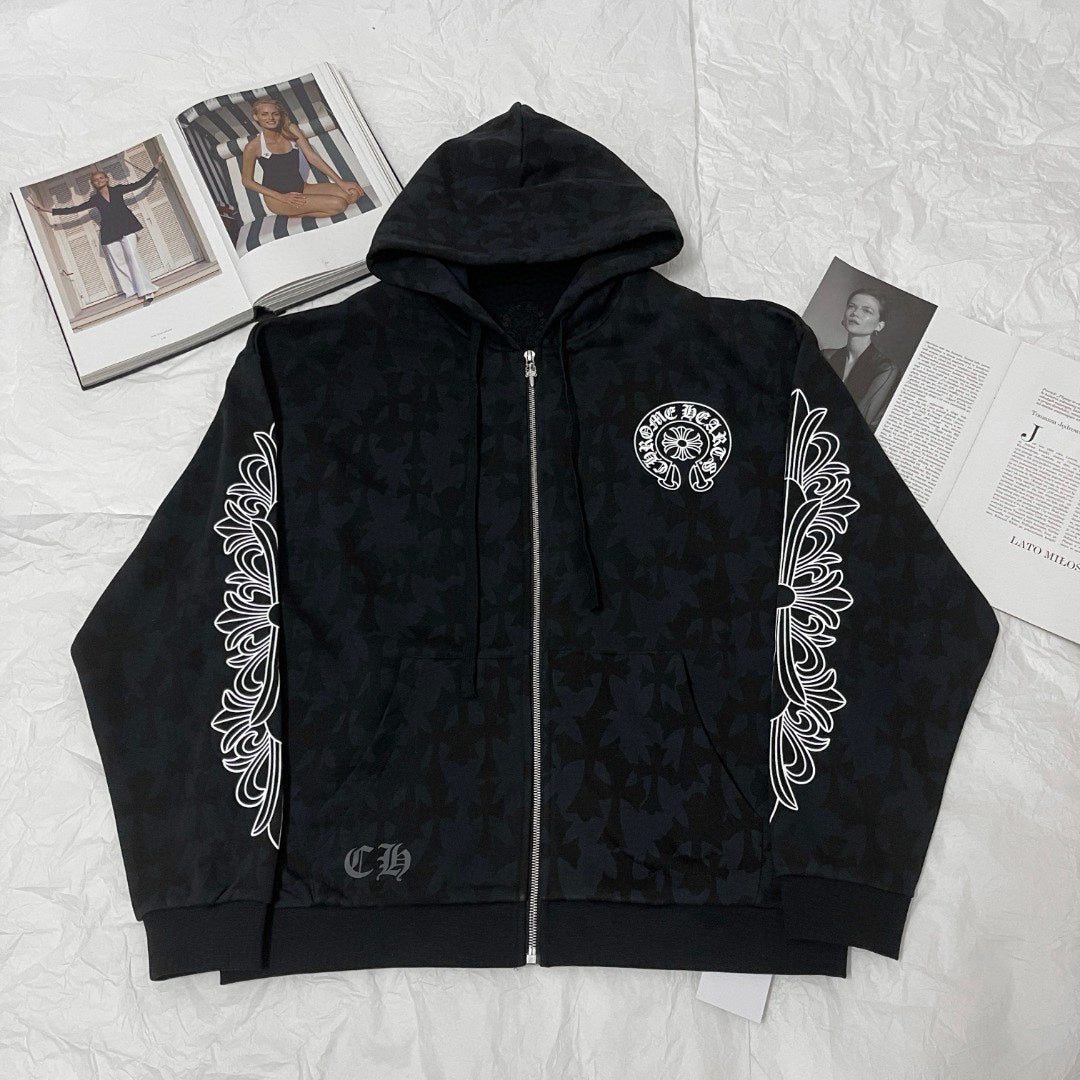 Chrome Hearts Men's Spring and Fall Black Logo Printed Zipper Long Sleeve Hooded Jacket #73992
