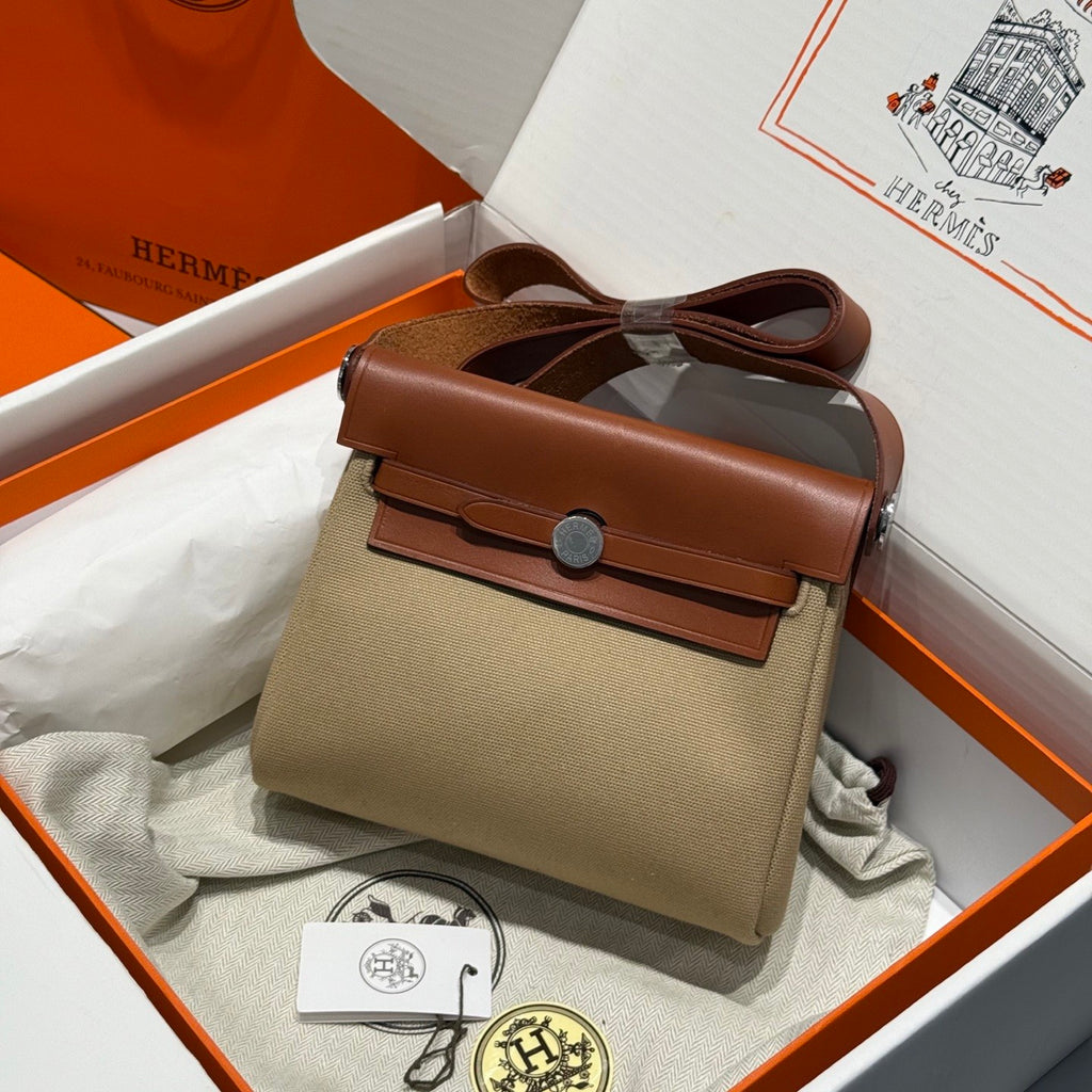 Hermes H -Mini Herbag Women's Color Blocking Metal Buckle Canvas and Cowhide Handbag Shoulder Satchel Bag Bags #76411