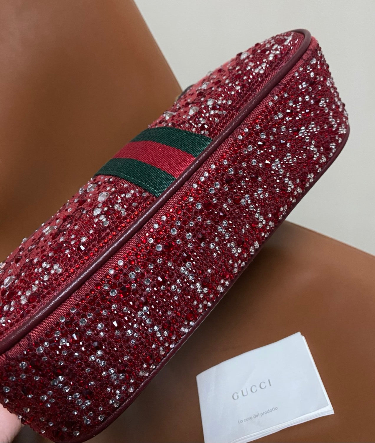 Gucci Ophidia crystals small shoulder bag in Rosso Ancora red GG canvas #335871