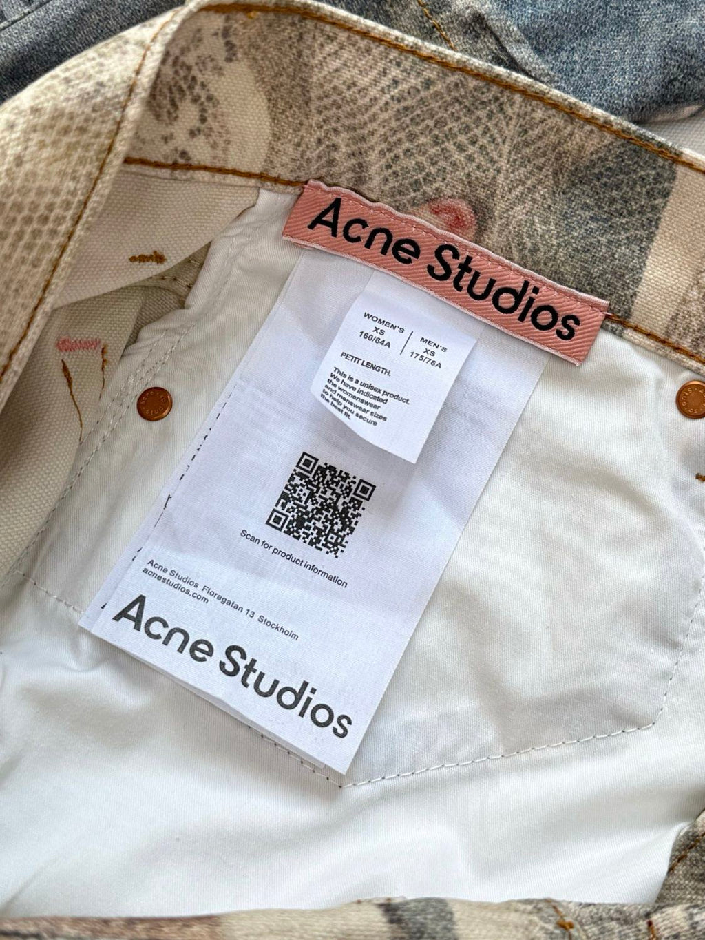 Acne Studios Men's & Women's Lace Pearl Chain 3D Print Four-Season Relaxed Mid-Rise Straight-Leg Curved Hem Denim Pants #81549