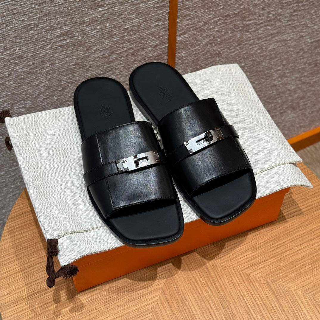 Hermes Gabriel Men's Summer Fashion Comfortable Logo Sandals Leather Casual Slippers #81144