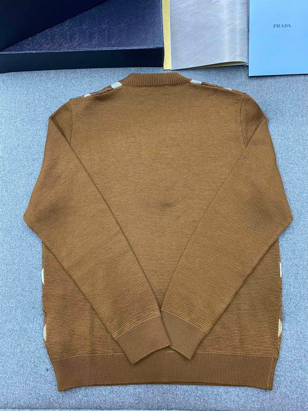 Prada Men's Spring And Fall Brown Diamond Applique V-neck Knitted Wool Casual Long Sleeved Sweater #73612