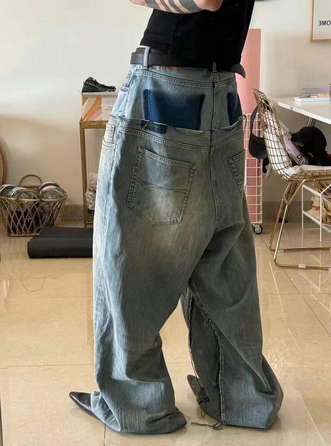 Balenciaga Men's Old Solid Color Splicing Old Jeans Casual Cut-Up Baggy Straight Pants Ngvp #1146