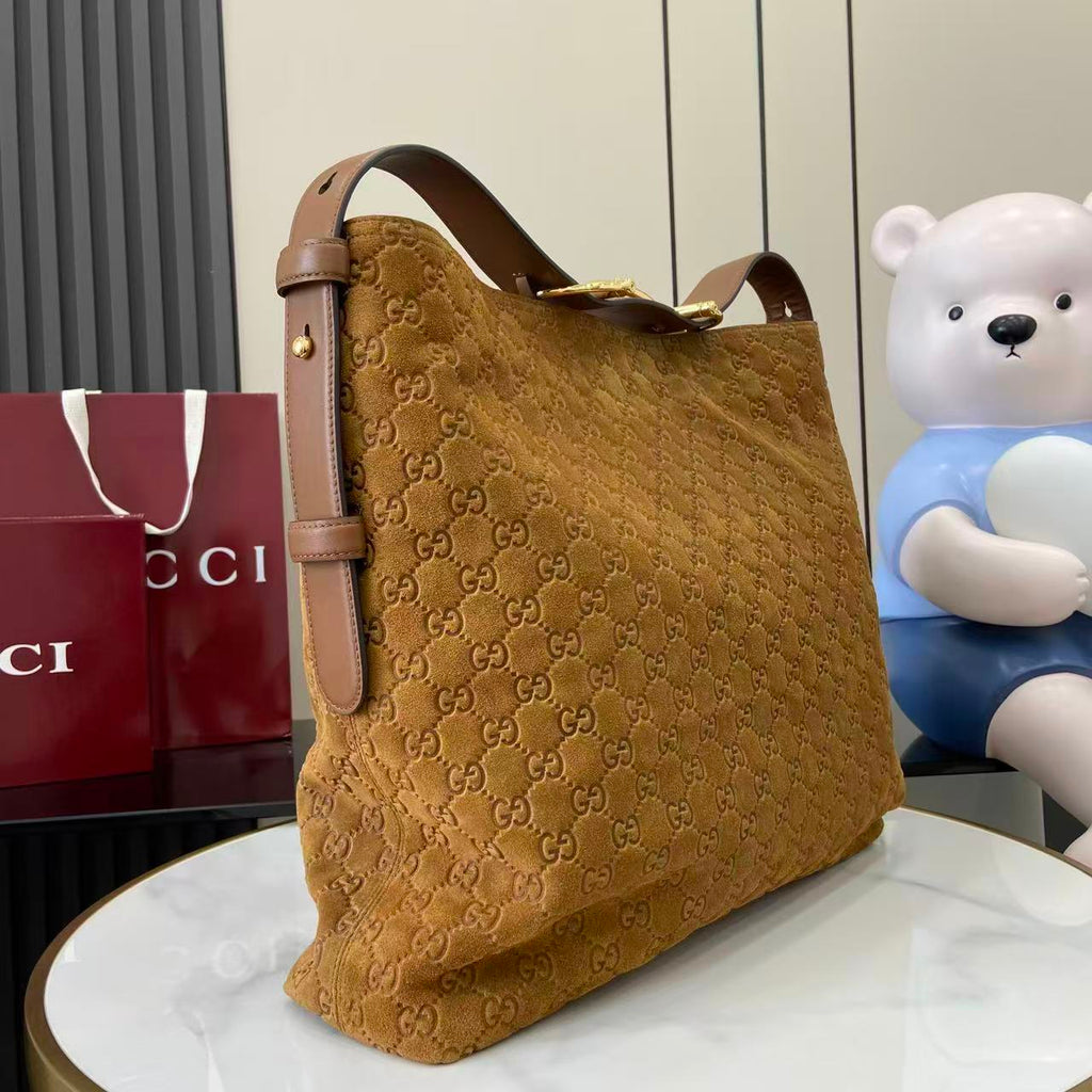Gucci Beatrix Large Tote Bag Brown Gg Suede Material Gold Horseneck Buckle Shoulder Backpack Exquisite And Elegant Women's Bags #193451