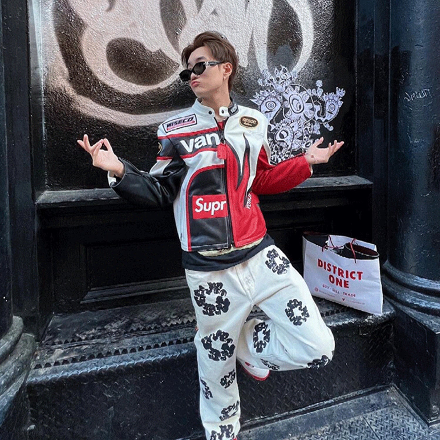 Supreme Yohji Yamamoto Marlboro Men's Women's Vintage Racing Suit Colour Blocking Fashion Leather Jacket Lapel High Street Trend Jacket Autumn and Winter #81156