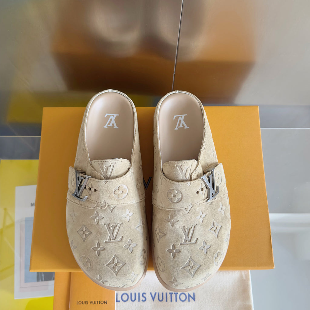 Louis Vuitton LV Easy Mule Men's Summer Solid Color Letter Print Suede Leather Birkenstock Shoes #77696