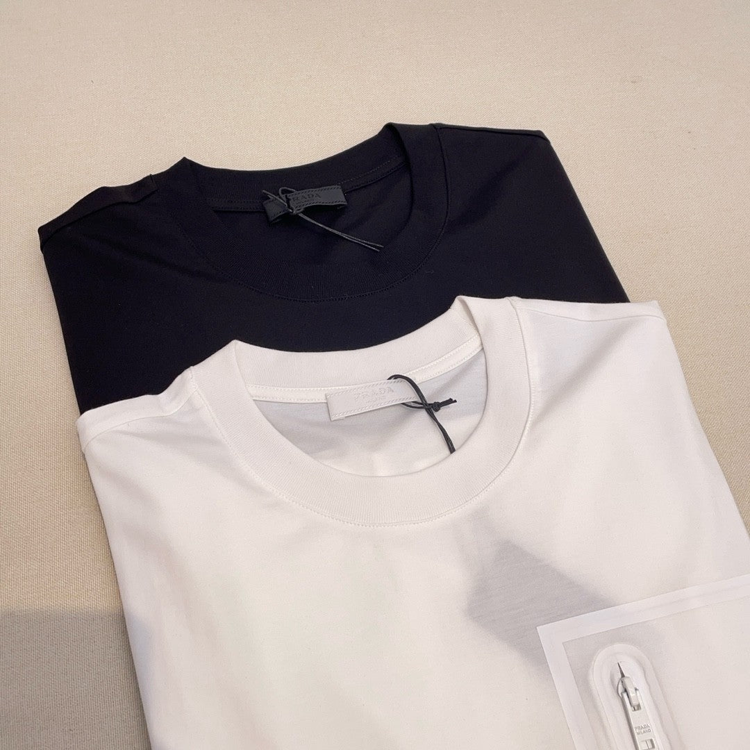 Prada Men's And Women's Summer Solid Color Zipper Pocket Round Neck Cotton Short Sleeve T-shirt #72155