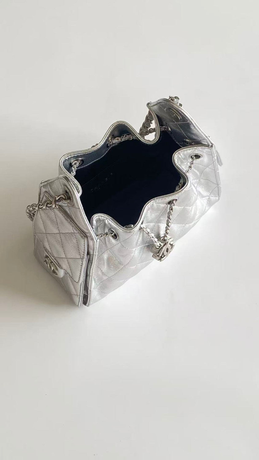 Chanel 25 Women's Mini Handbag Metallic Grained Embossed Calfskin And Silver Metal Silver #332929