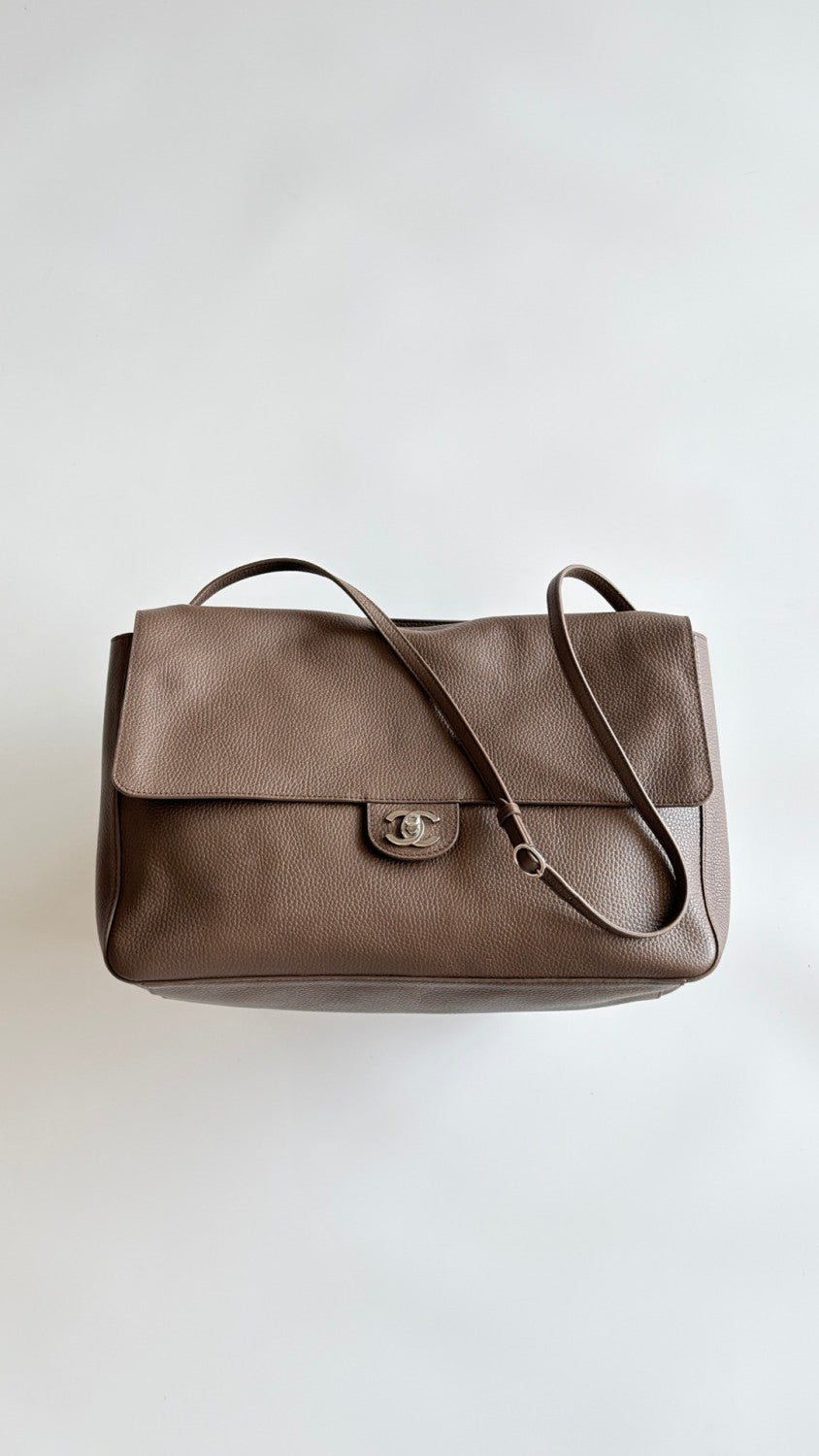 CHANEL Maxi Flapbag Grained Calfskin Silver Metal Light Brown #377491