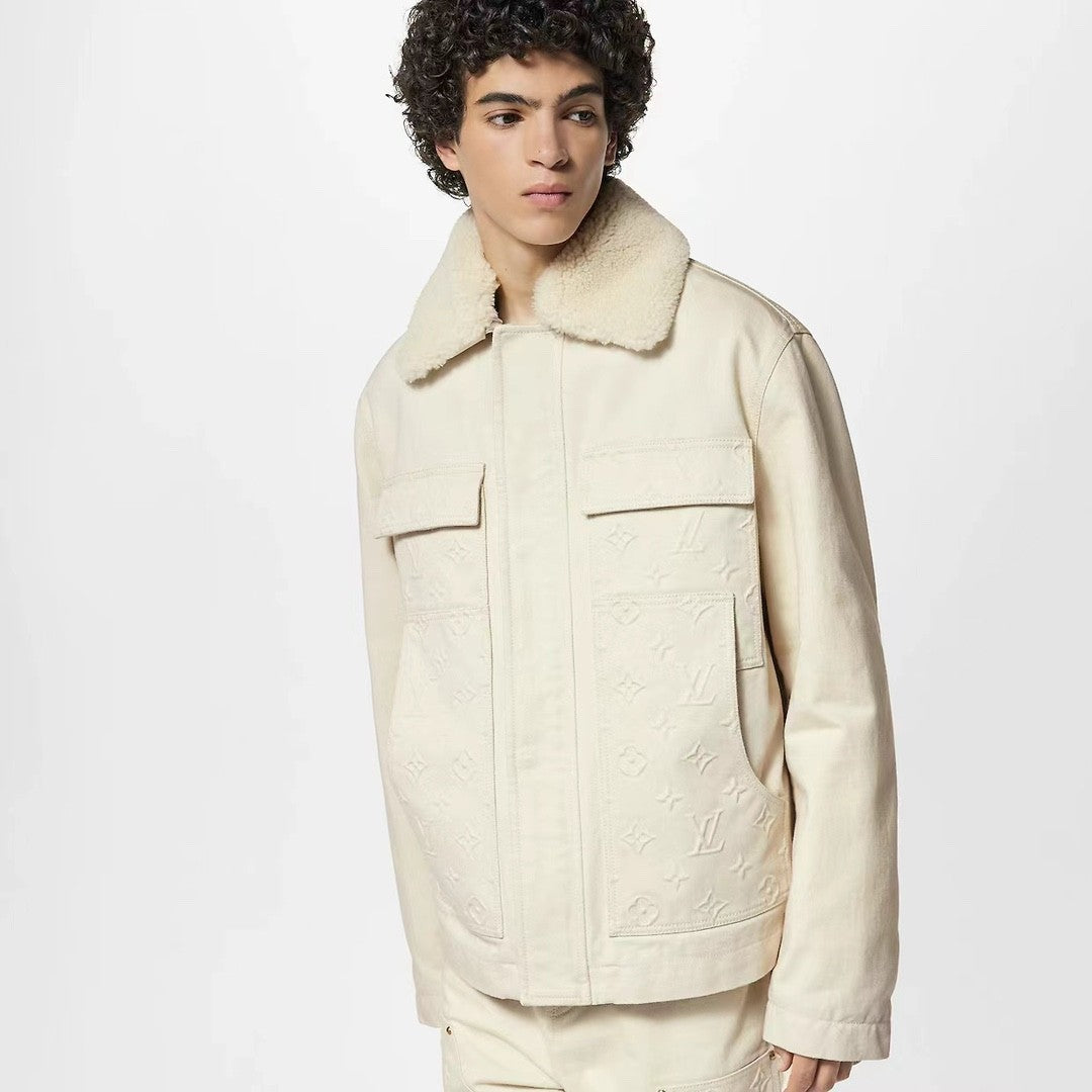 Louis Vuitton Men's Autumn and Winter Solid Color Letter Printed Cashmere Wool Collar Pocket Jacket Slim Straight Pants Suit Set #72811