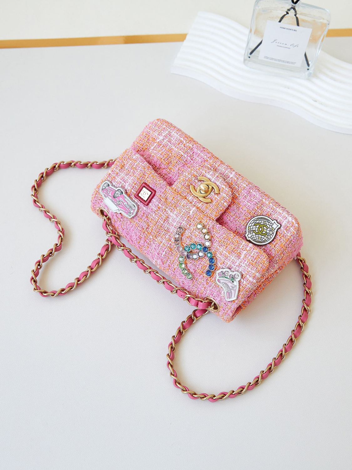 Chanel Women's Pink Chain Tartan Fabric Badge Print Single Shoulder Crossbody Bag Bags #77412