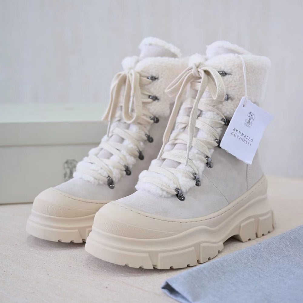 Brunello Cucinelli Women's Fall/Winter Patchwork Ankle Boots Suede Round-Toe Lace-Up Short Boots Solid-Color Snow Boots Shoes Ngvp #2558