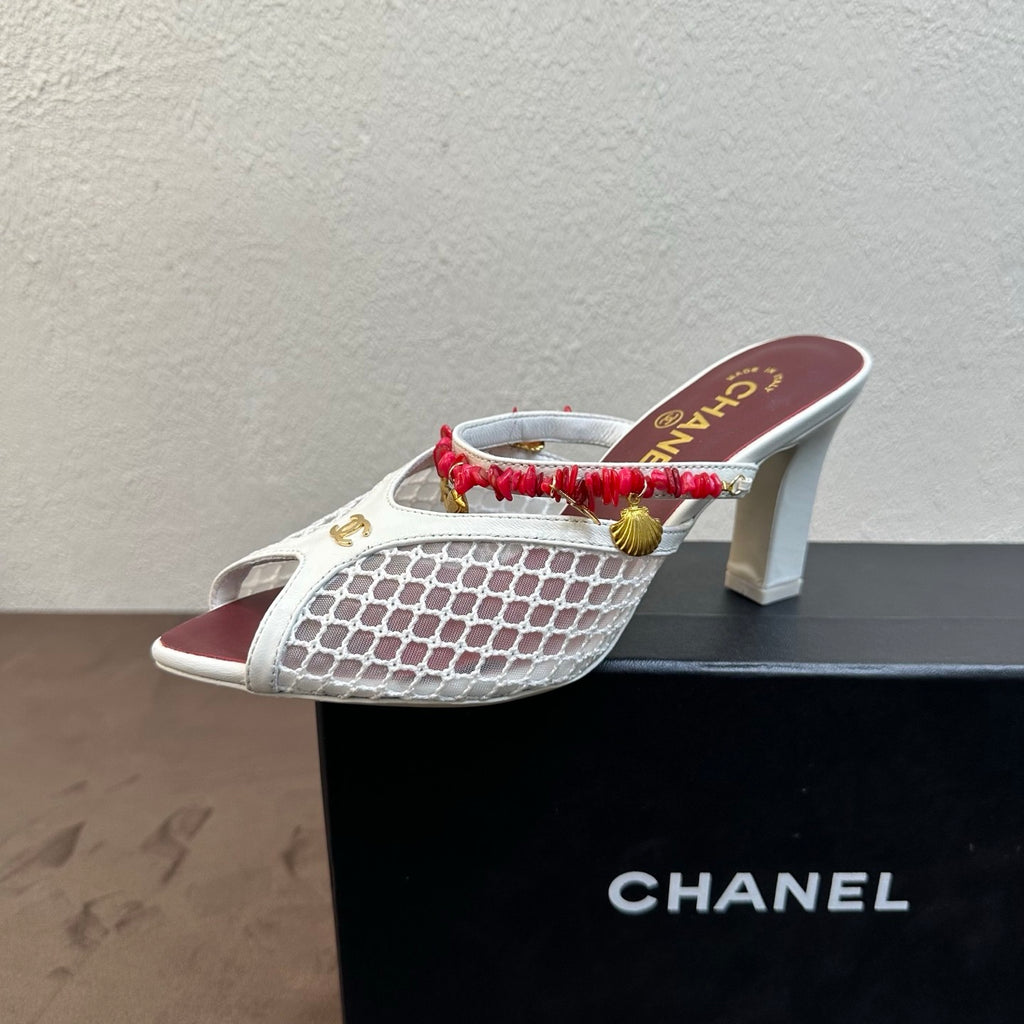 CHANEL Mules Mesh Cotton Lambskin Resin Metal Black #382390