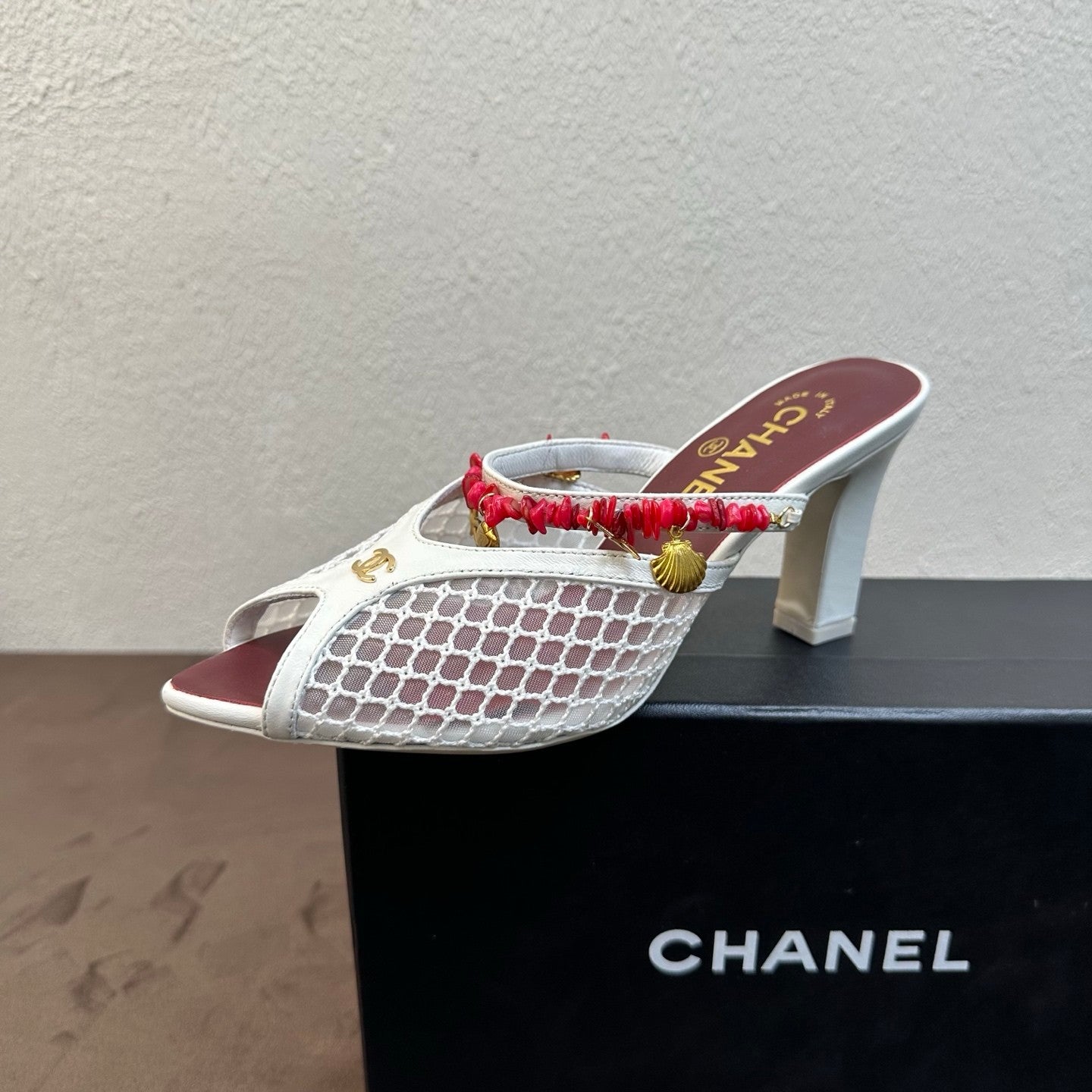 CHANEL Mules Mesh Cotton Lambskin Resin Metal Black #382390
