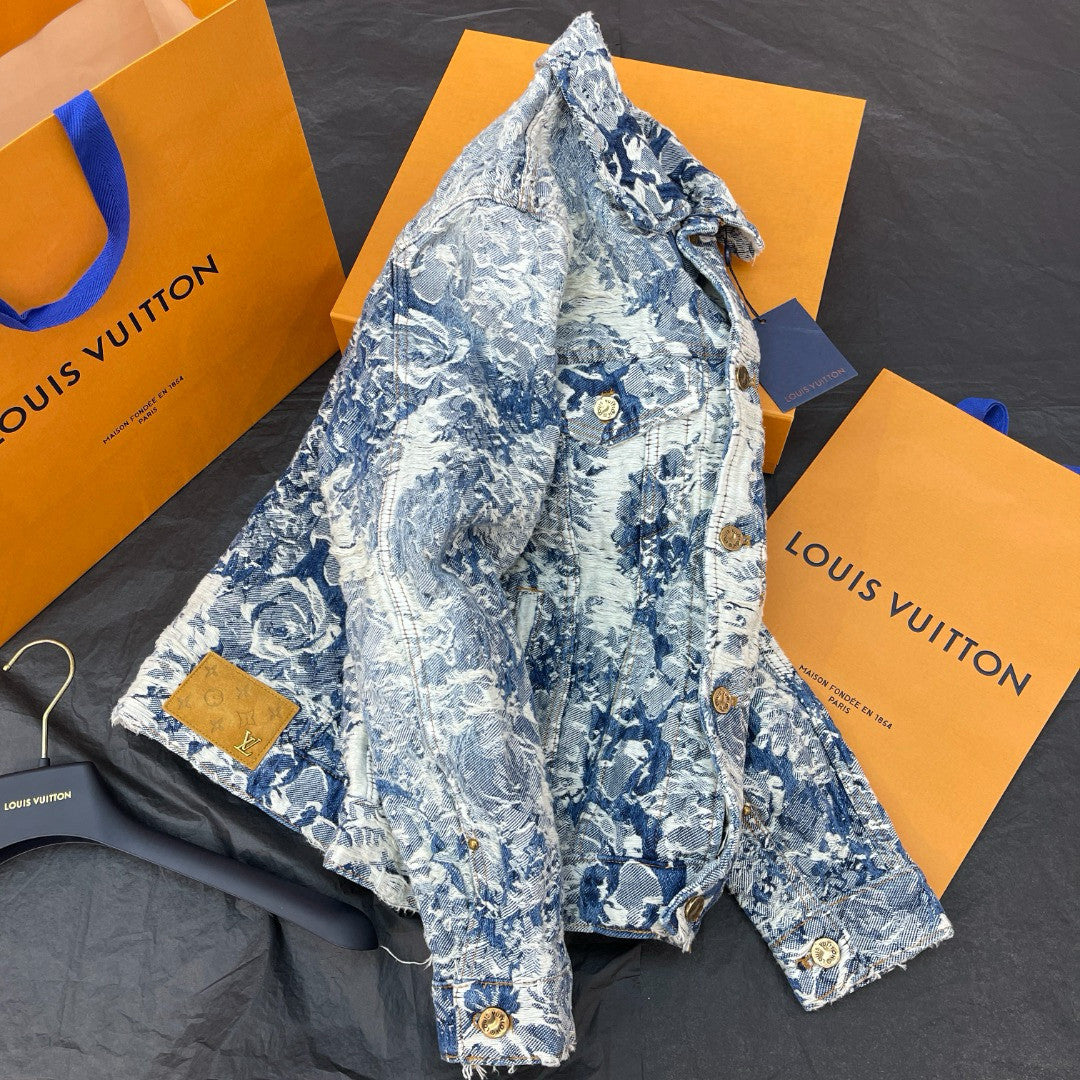 Louis Vuitton Men's Women's Spring And Autumn Cotton Denim Jacquard Embroidered Flower Denim Jacket Lapel Casual Jacket #99381
