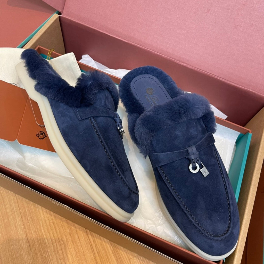 Loro Piana Women's Winter Fashion Casual Round Toe Slip On Beaver Fur Slippers Leather Rubber Sole Covered Toe Slippers  Shoes #78588