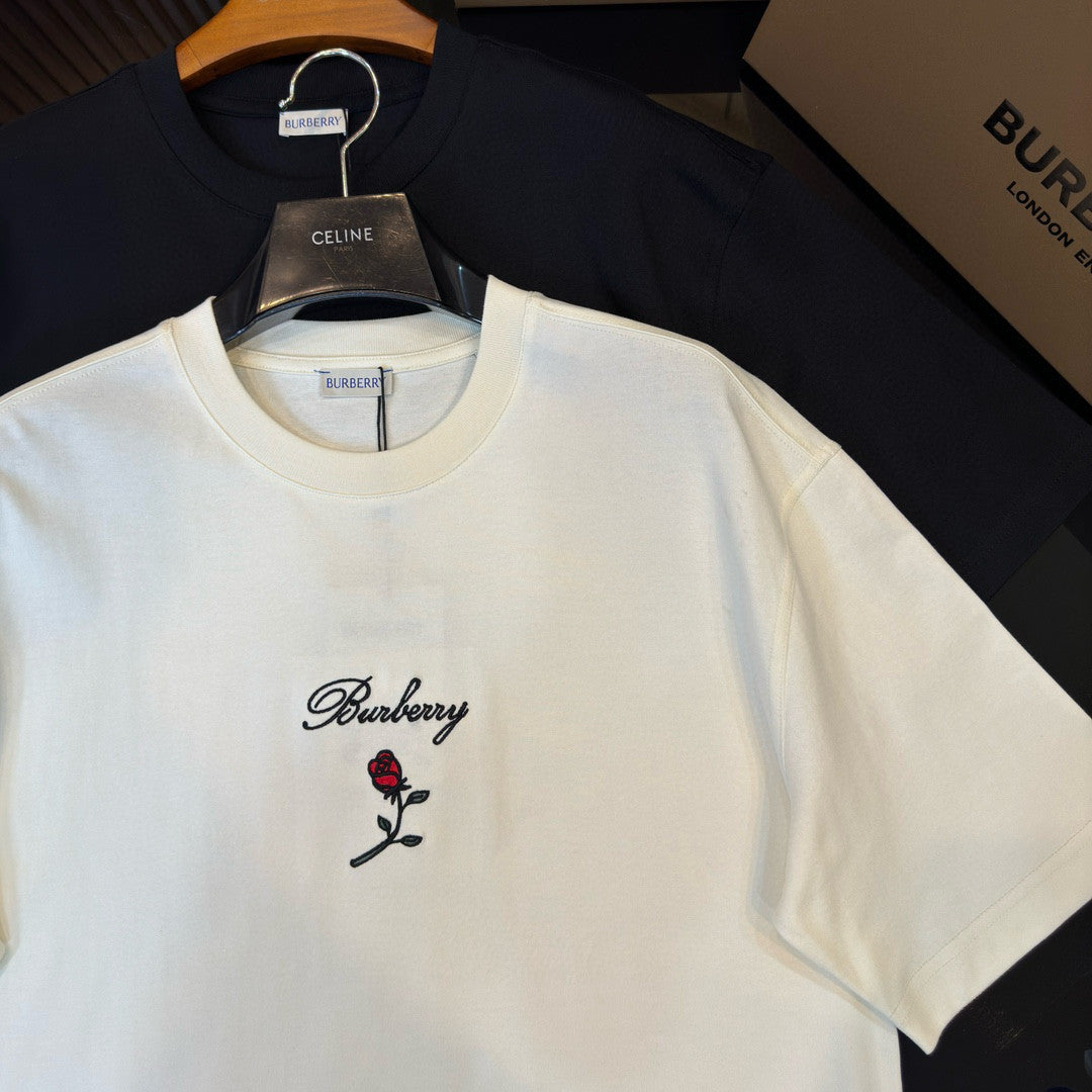 Burberry Men's Women's Summer Letter Floral Embroidery Cotton Round Neck Solid Color Short Sleeve T-Shirt #76328