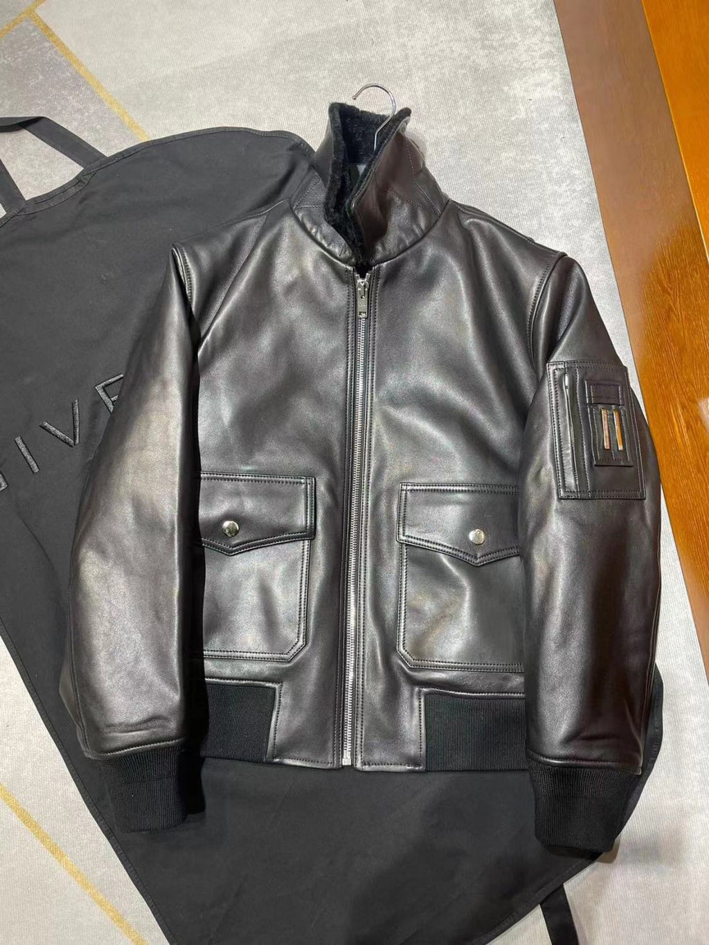 Givenchy Men's Winter Black Lamb Fur Collar Lapel Lambskin Leather Zipper Jacket #98473