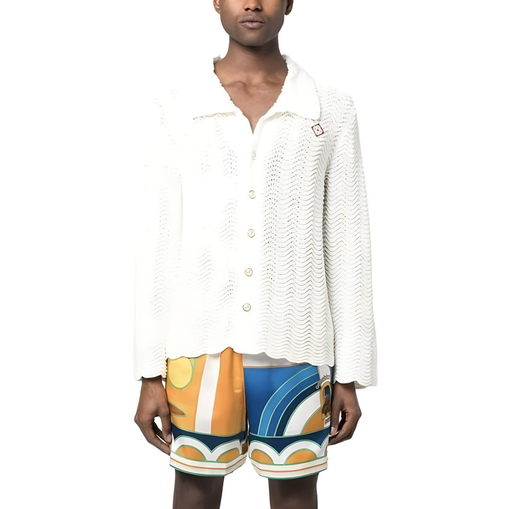 Casablanca Men's Summer White Lapel Single Breasted Skeleton Long Sleeve Knit Jacket #72868