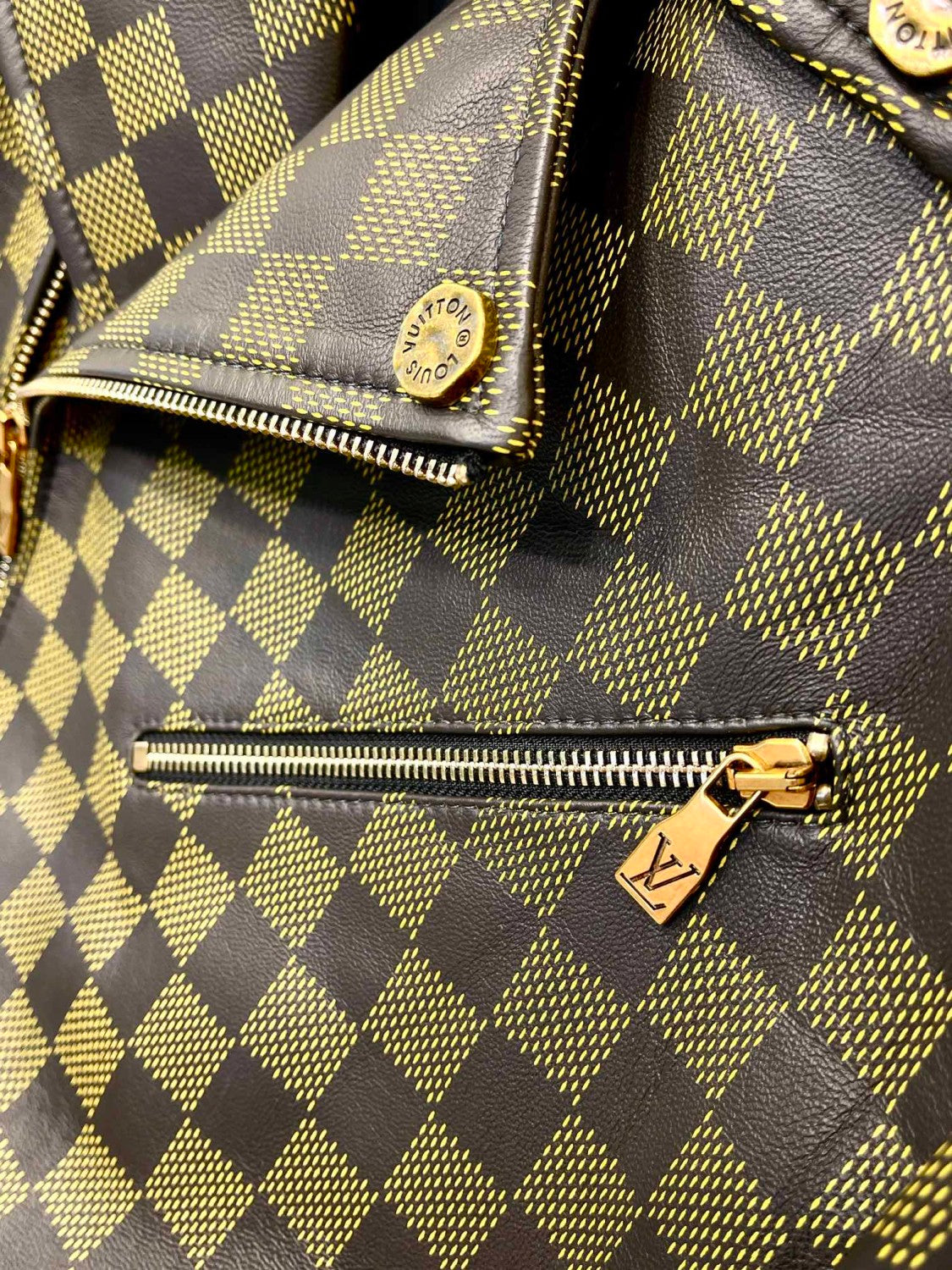 Louis Vuitton Men's Autumn and Winter Checkerboard Print Zipper Short Lapel Long Sleeve Leather Jacket #73267