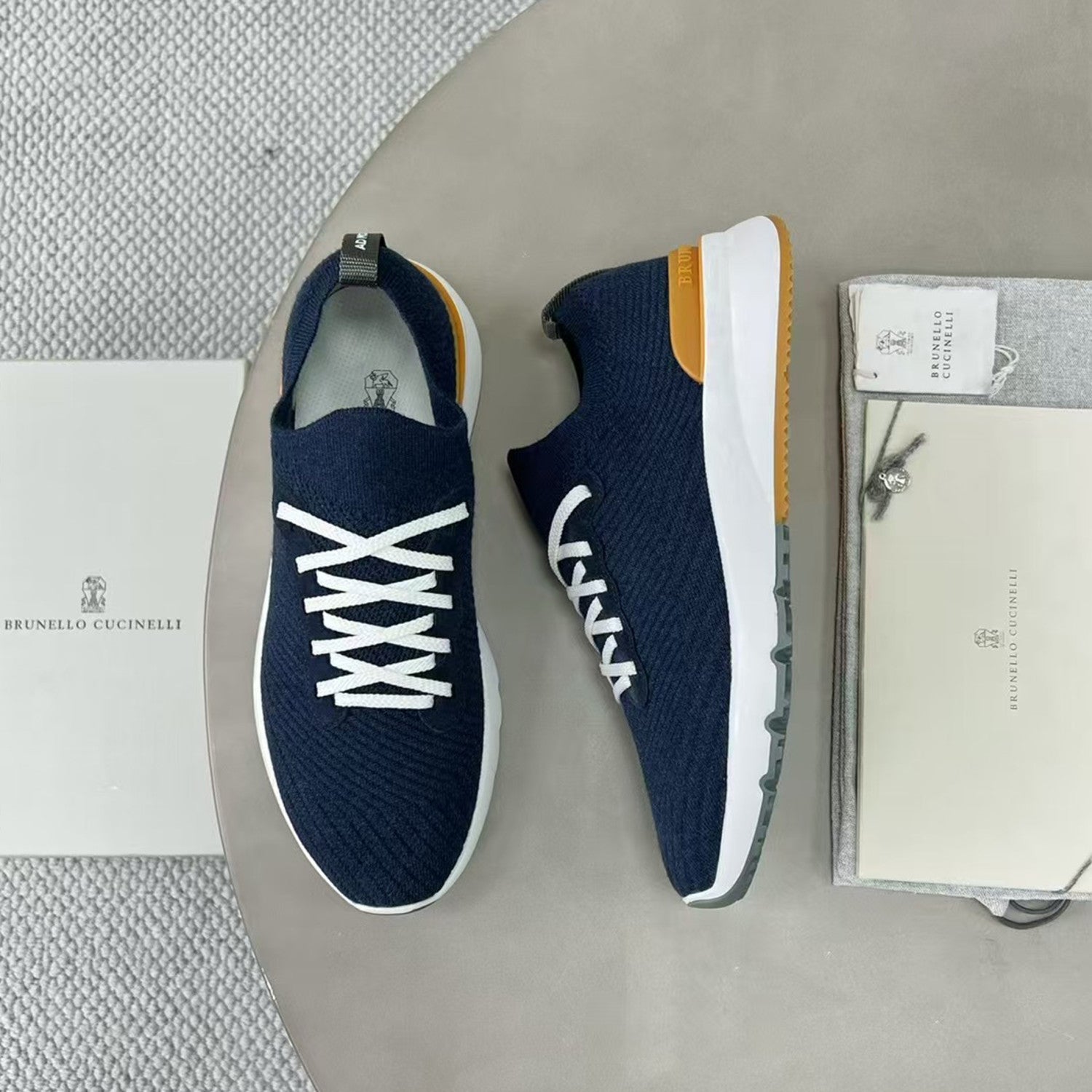Brunello Cucinelli  Men's Spring Autumn Knitted Cotton Fabric Patchwork Semi-Polished Calfskin Sneakers Fashion Comfort Sports Running Shoes #81233