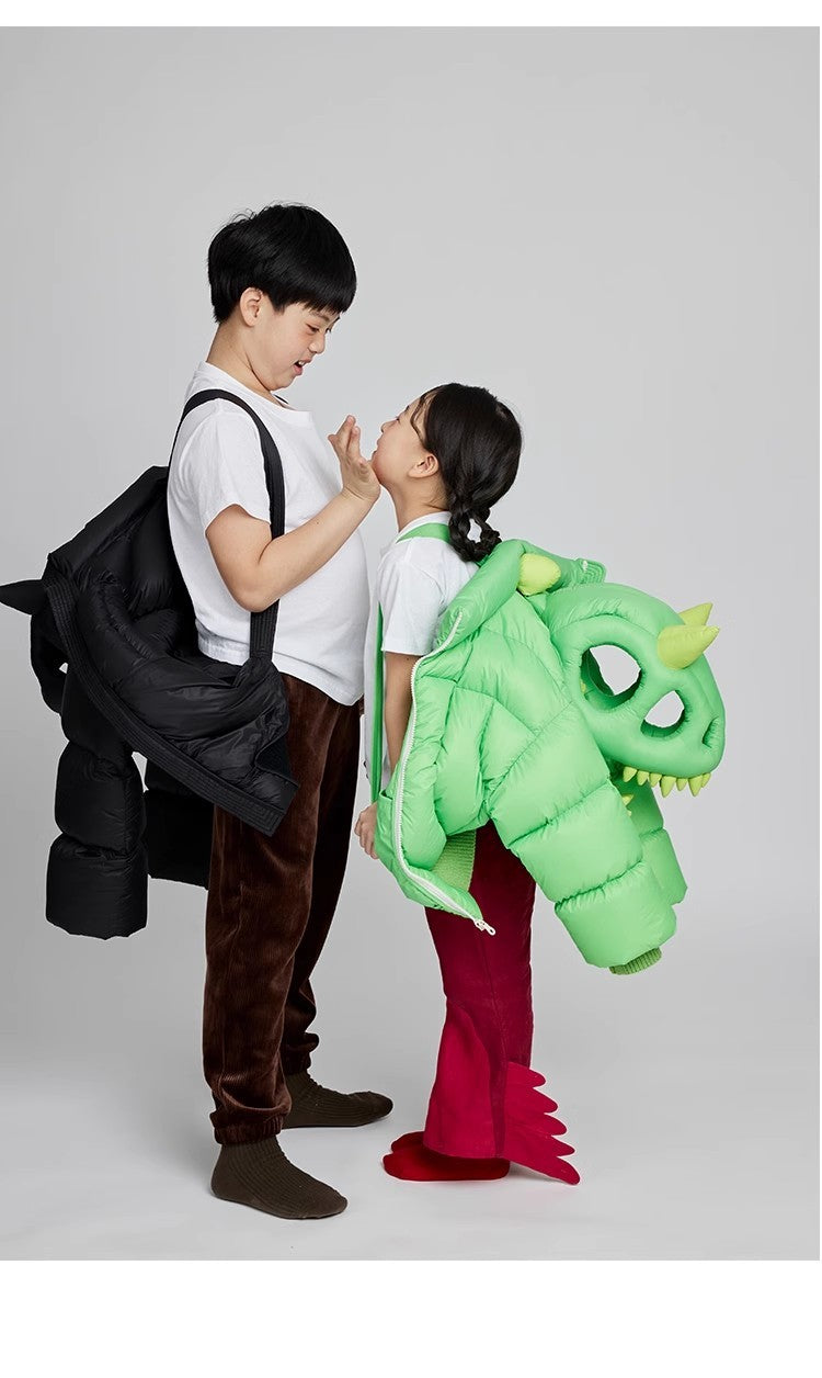 Kid's Autumn And Winter Solid Color Three-Dimensional Cutting Dinosaur Cap Hooded Loose Long-Sleeved Puffer Down Jacket #31323