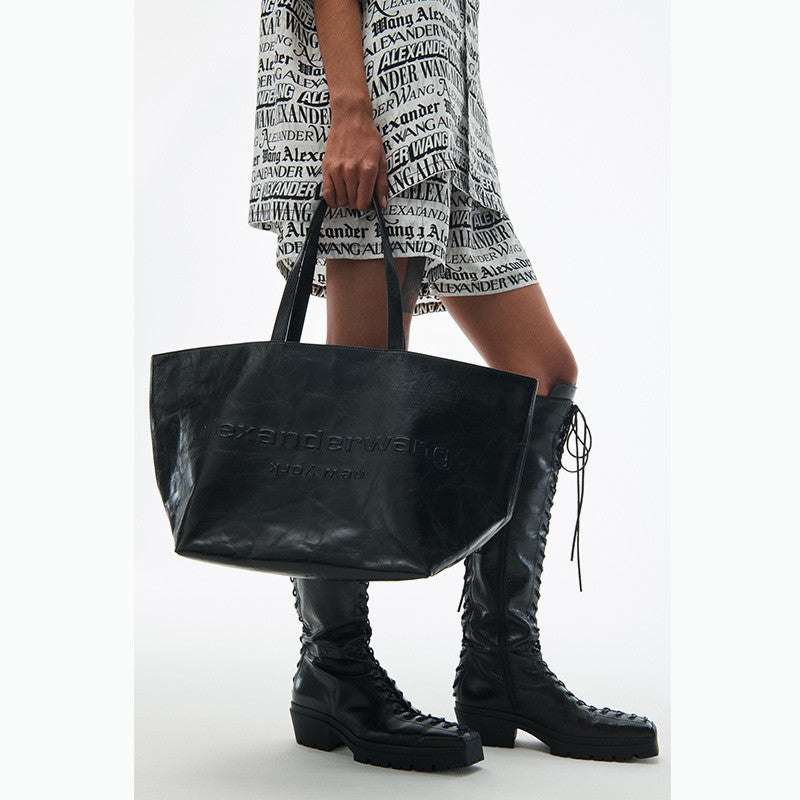 Alexander Wang Women's Punch Tote Laptop Bag - Black Large Capacity Bag with Alphabet Logo Stylish Heat-Pressed Leather Bags #82354A