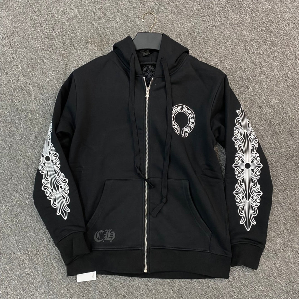 Chrome Hearts Men's Spring and Fall Black Logo Printed Zipper Long Sleeve Hooded Jacket #72485