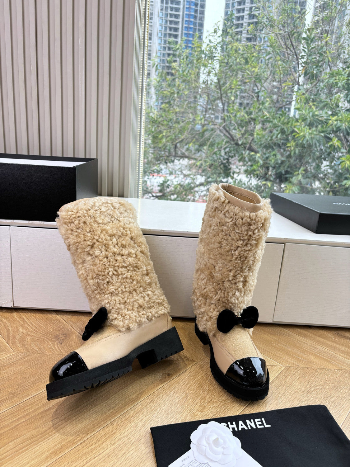 Chanel High Boots Shearling Lambskin Calfskin Lambskin Patent Calfskin Beige Black #334245