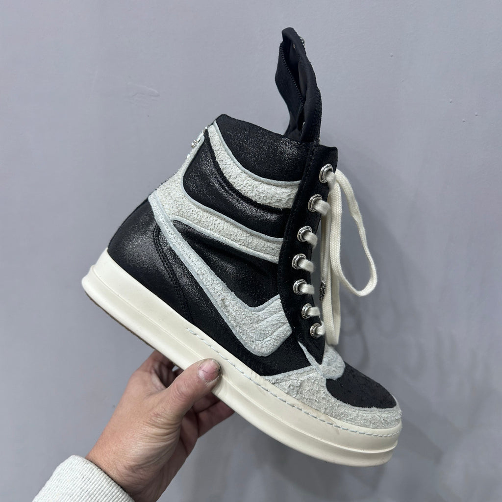 Rick Owens x Chrome Hearts Geobasket Men's And Women's Solid-colour Leather High-top Lace-up Side Zip Casual Shoes #77726