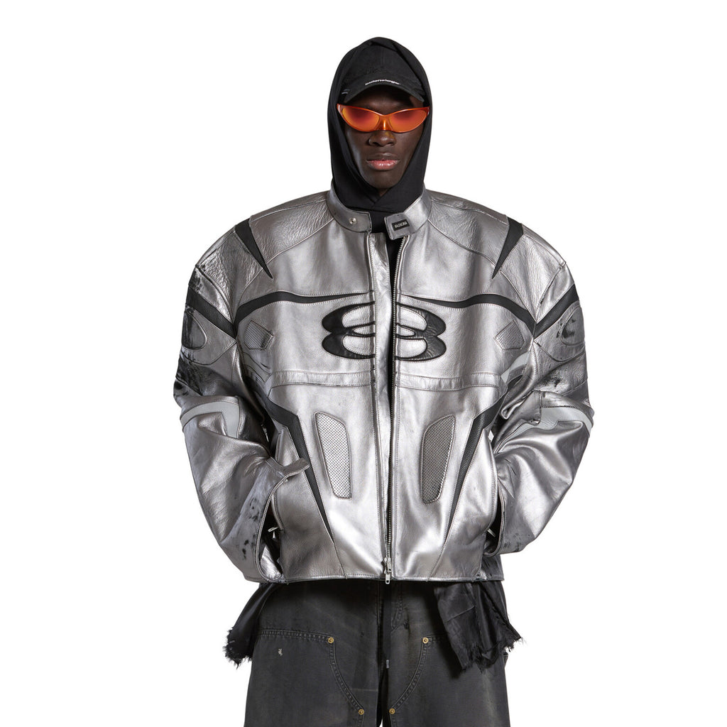 Balenciaga Men's Women's Autumn And Winter Cowhide Old Splicing Unity Sports Idol Silver Zipper Standing Collar Long Sleeve Loose Racer Jacket Ngvp #8579