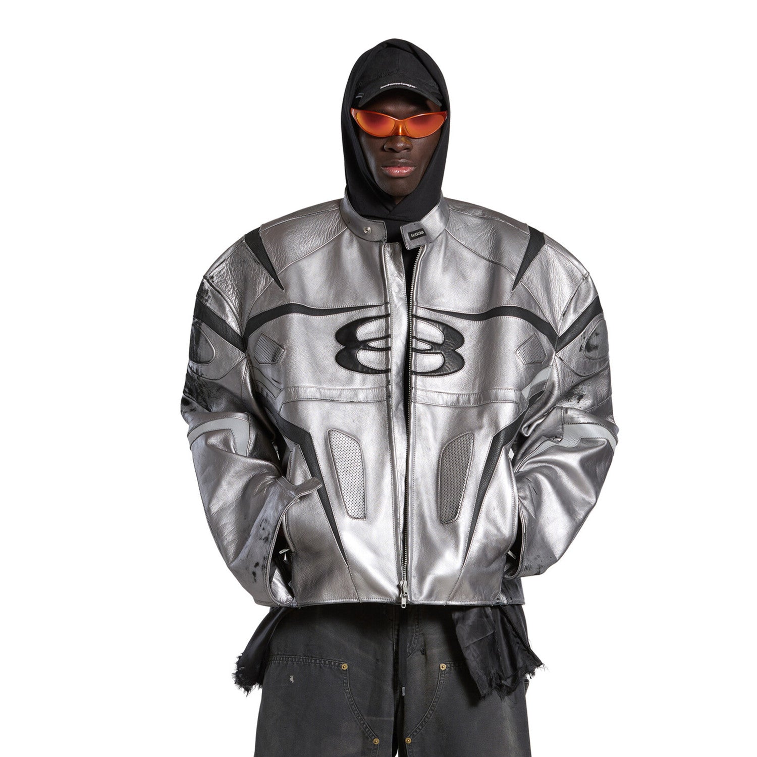 Balenciaga Men's Women's Autumn And Winter Cowhide Old Splicing Unity Sports Idol Silver Zipper Standing Collar Long Sleeve Loose Racer Jacket Ngvp #8579