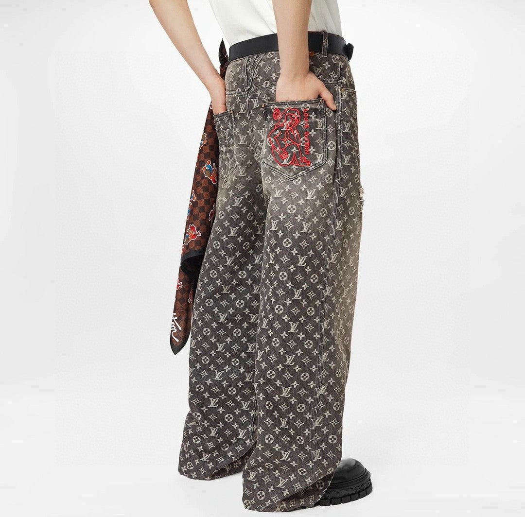Louis Vuitton Men's Retro Washed And Embroidered Monogram Pattern Loose Jeans Spring And Autumn Fashion High Street Straight Wide Leg TrousersCasual Pants #71848