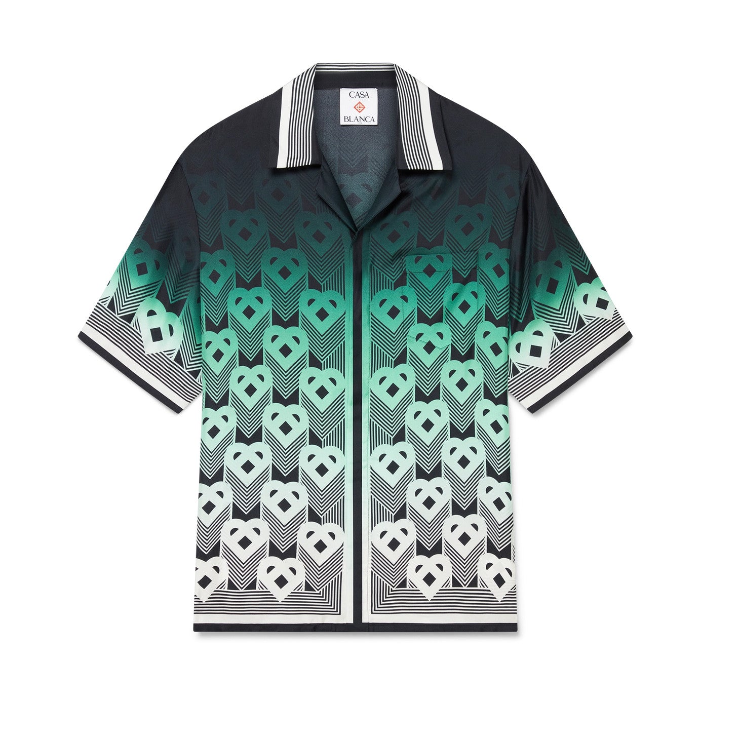 Casablanca Men's Summer Fashion Casual Heart Pattern Silk Button Down Short Sleeve Shirt with Elastic Drawstring Silk Shorts Suit Set #78592
