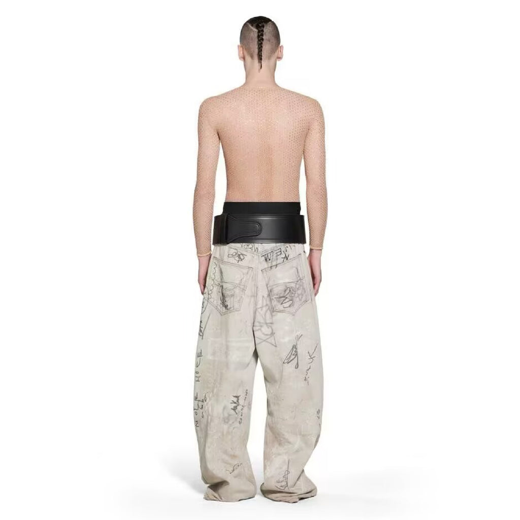 Balenciaga Men's Spring And Autumn Graffiti Retro Old Workwear Pants White Baggy Jeans High Street Fashion Straight Casual Pants Ngvp #1184