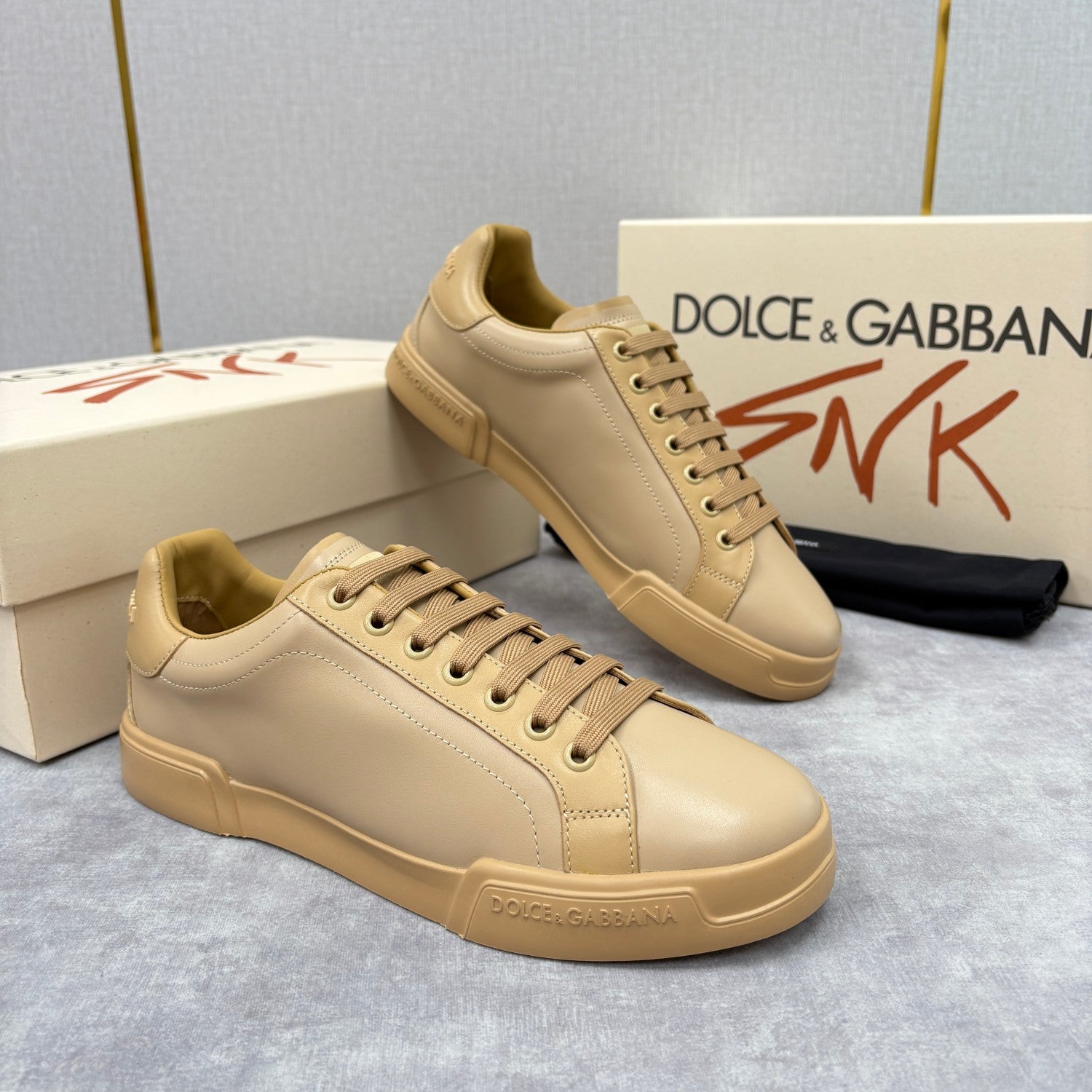 Dolce&Gabbana Men's And Women's Spring/Fall Fashion Casual Round Toe Lace Up Solid Color Leather Printed Rubber Sole Sneakers Shoes #78728