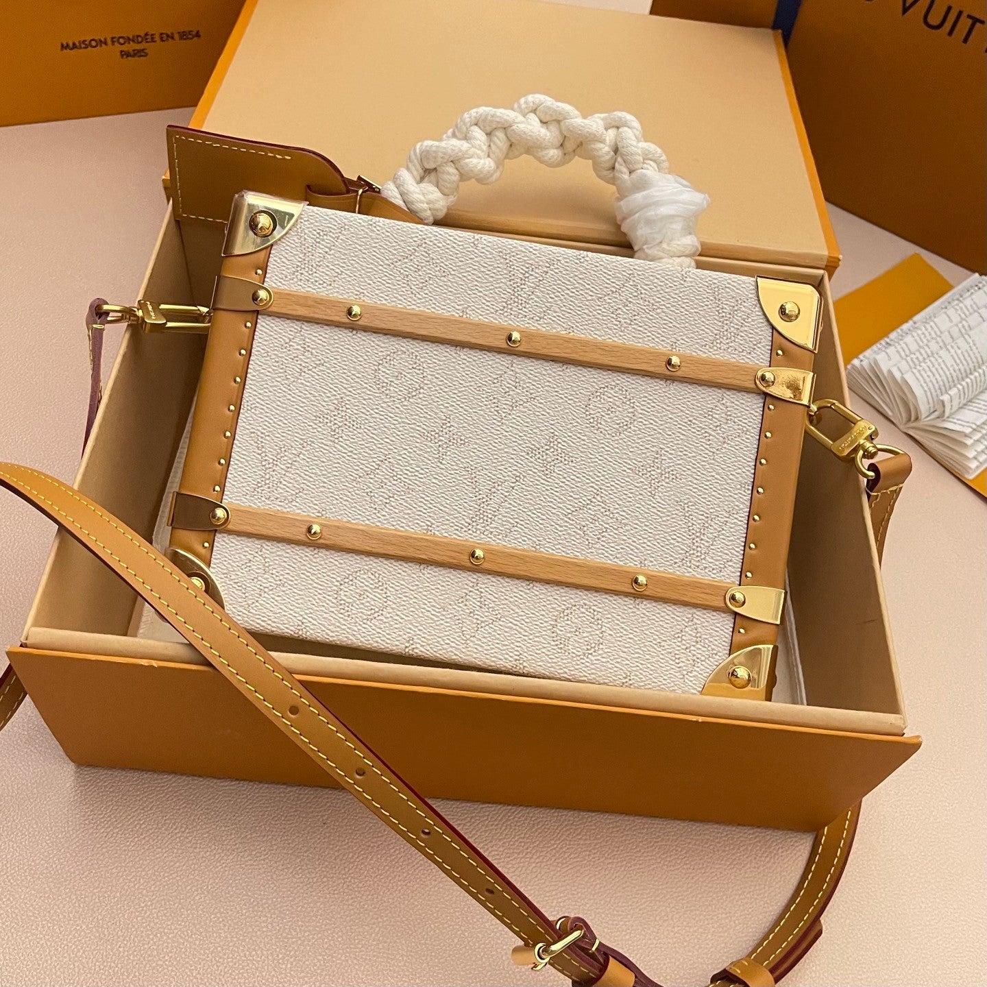 Louis Vuitton Handle Trunk Women's Solid Color Detachable Adjustable Shoulder Strap Buckle Closure Coated Canvas Box Bag Single Shoulder Crossbody Handbag Bags #77789