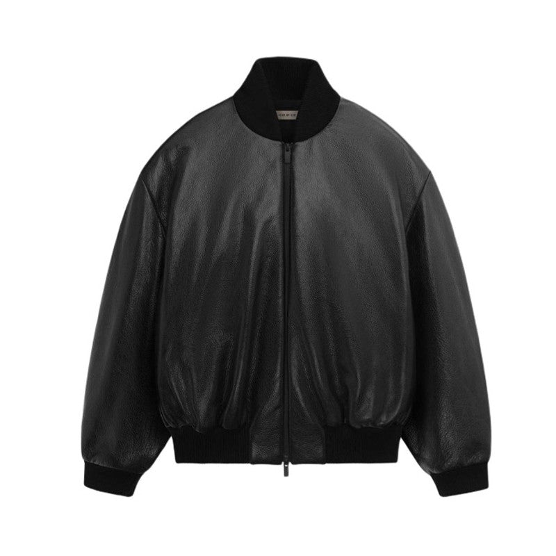 Essentials X Fear Of God Men's Women's Spring And Autumn Standing Collar Zipper Solid Color Loose Bomber Jacket Long Sleeve Leather Jacket Ngvp #9755