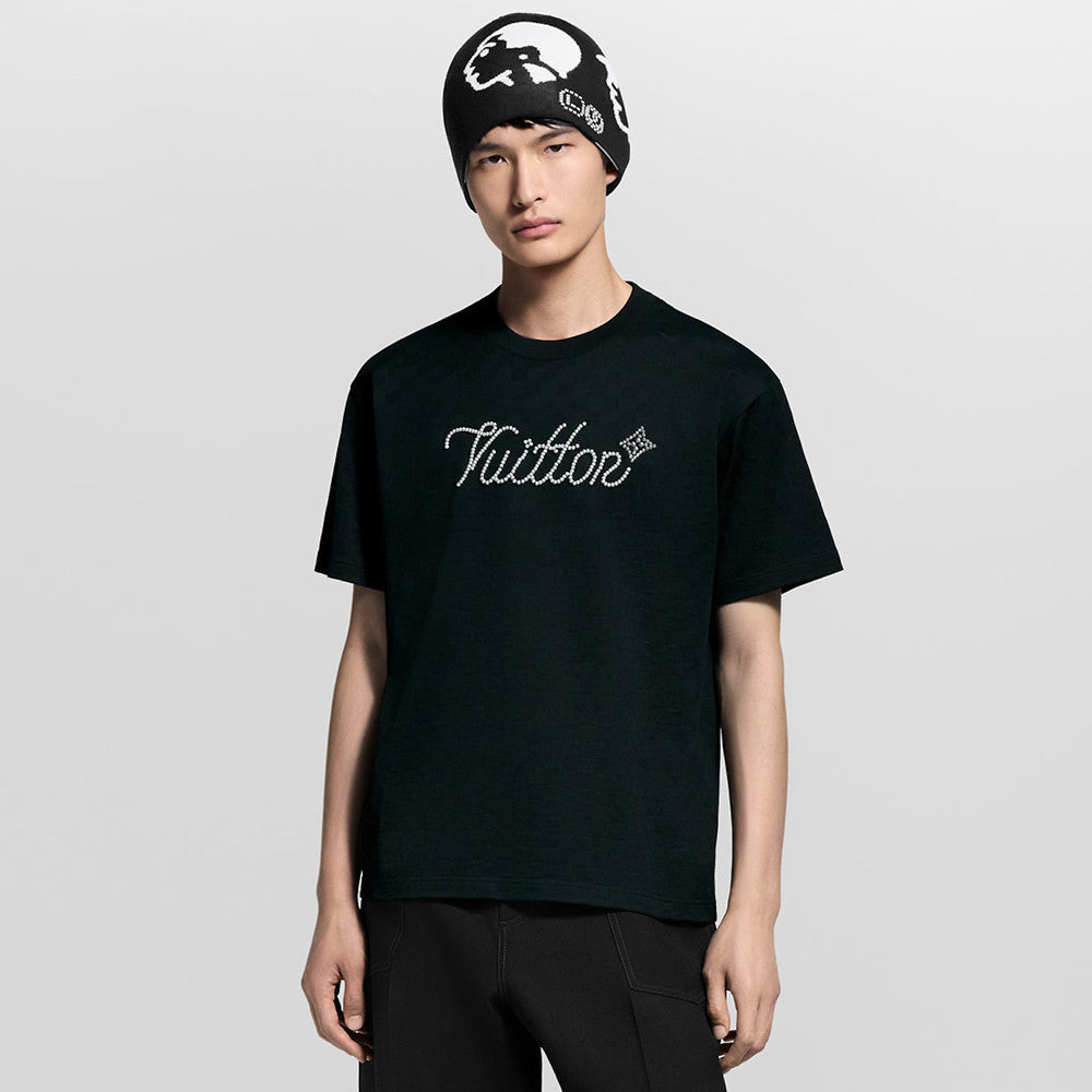 Louis Vuitton Men's Short-sleeved T-shirt Damier Pattern Bead Embroidered Cursive Signature New Style #325063