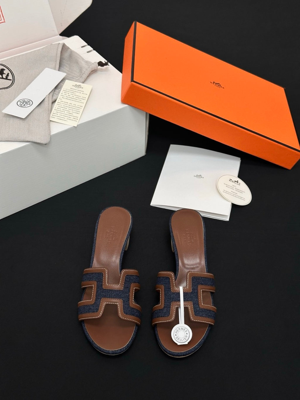 Hermès High-heeled Denim Patchwork Slippers #385101