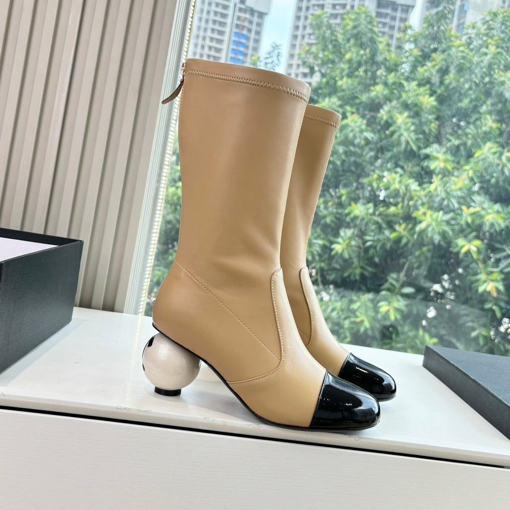 Chanel Women's Fall/winter Fashion Classic Round Toe Sheepskin Double C Oversized Pearl Heel Stretch Mid Calf Boots Long Boots Shoes #78546