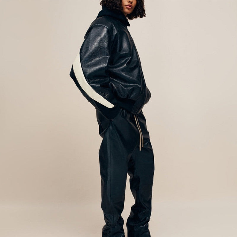 Essentials X Fear Of God Men's Women's Spring And Autumn Standing Collar Zipper Solid Color Loose Bomber Jacket Long Sleeve Leather Jacket Ngvp #9755