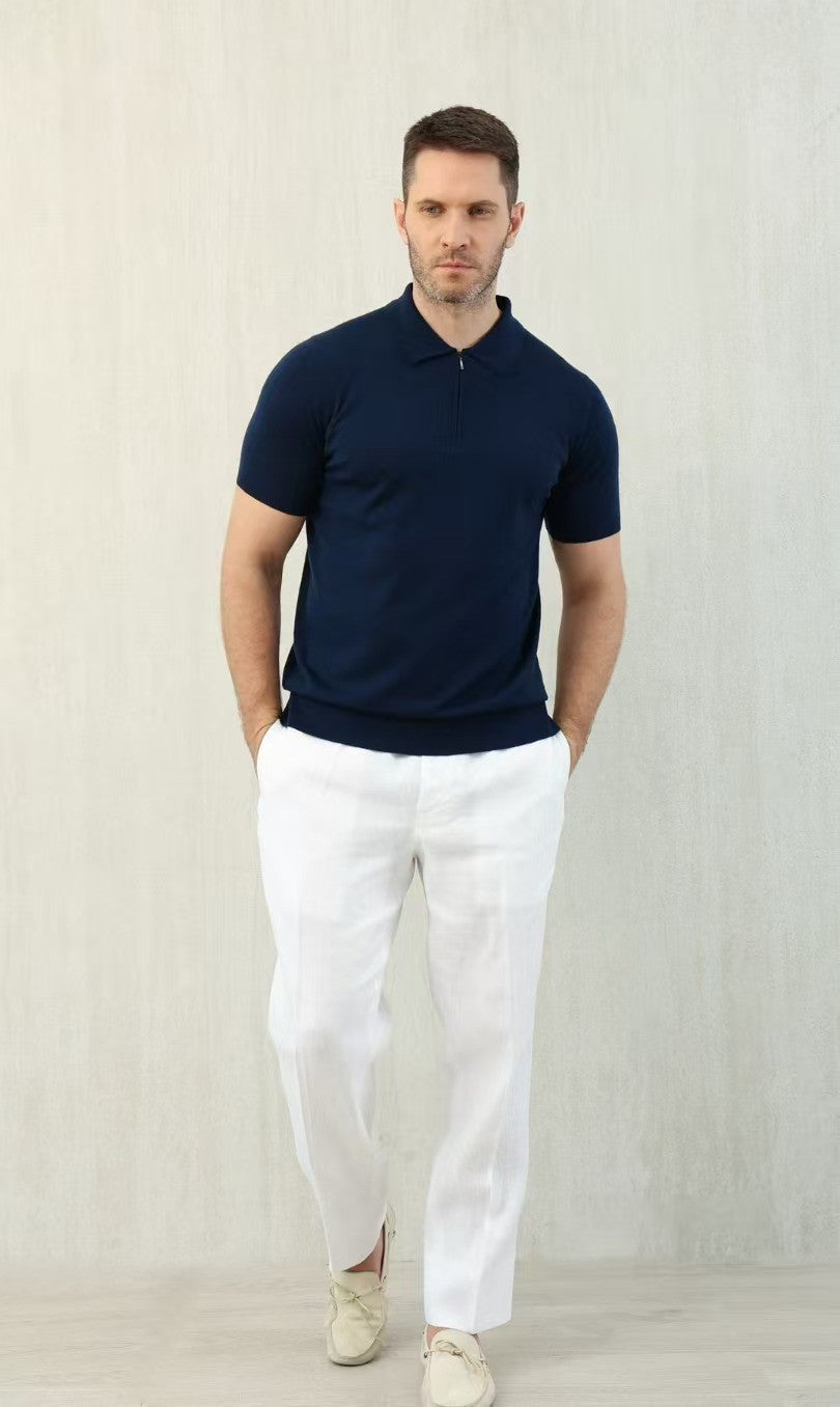 Loro Piana Men's Summer Solid Color Half Zip Straight Short Sleeve Polo Shirt Ngvp #1555