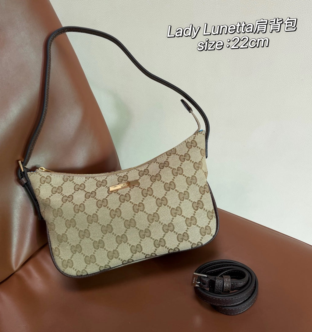 Gucci Lady Lunetta Collection Small Shoulder Bag Deep Blue Gg Denim Sand Brown And Dark Brown Classic Elegant And Stylish Shoulder Bag Bags 874743FAF7X2543 #84293A