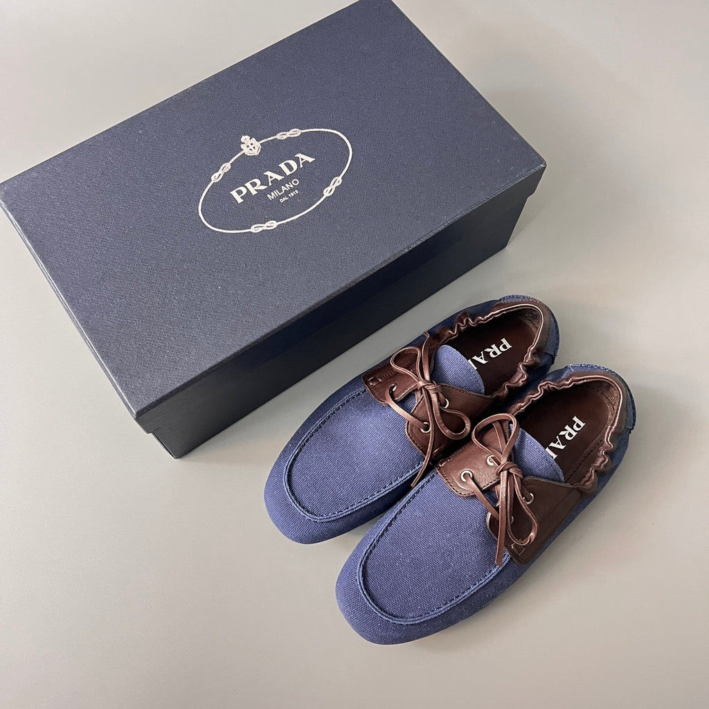 PRADA Shuffle Aged Canvas And Leather Boat Shoes #381722
