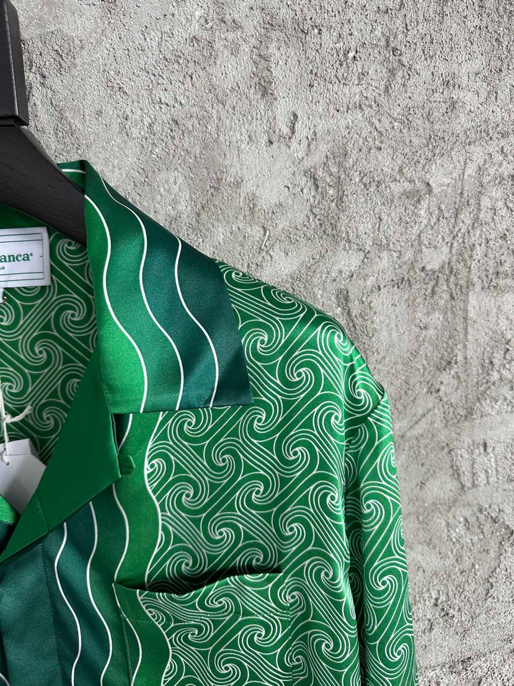 Casablanca Men's Summer Green Line Wave Print Lapel Single Breasted Short Sleeve Shirt Drawstring Tie Shorts Set Suit #73575