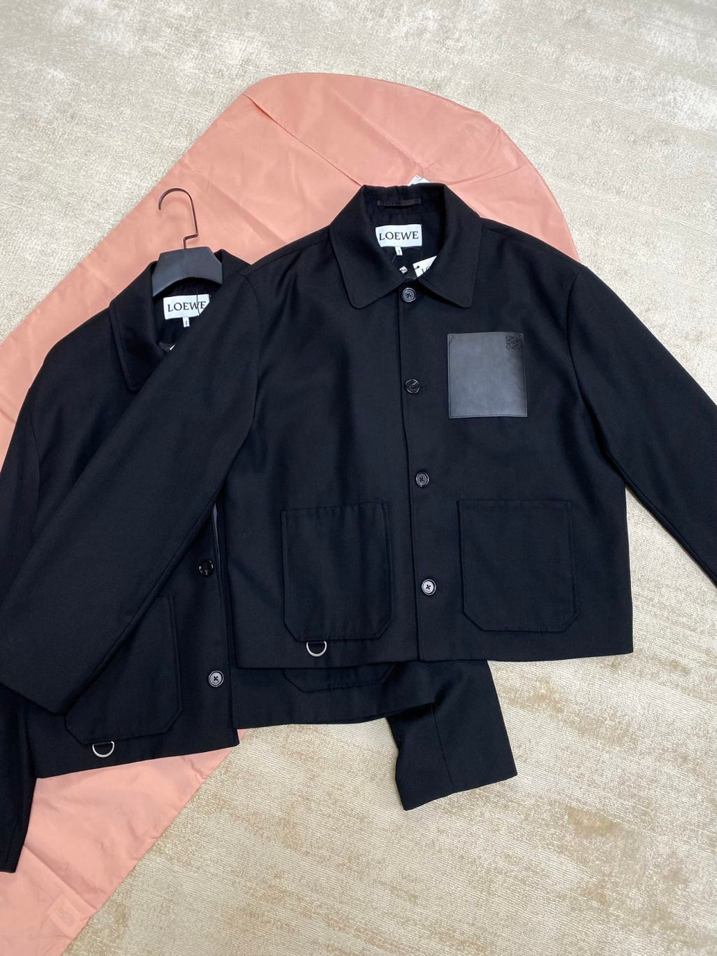Men's Fall/Winter Logo Embossed Patch Pocket Wool Single Breasted Loose Long Sleeve Jacket #73439