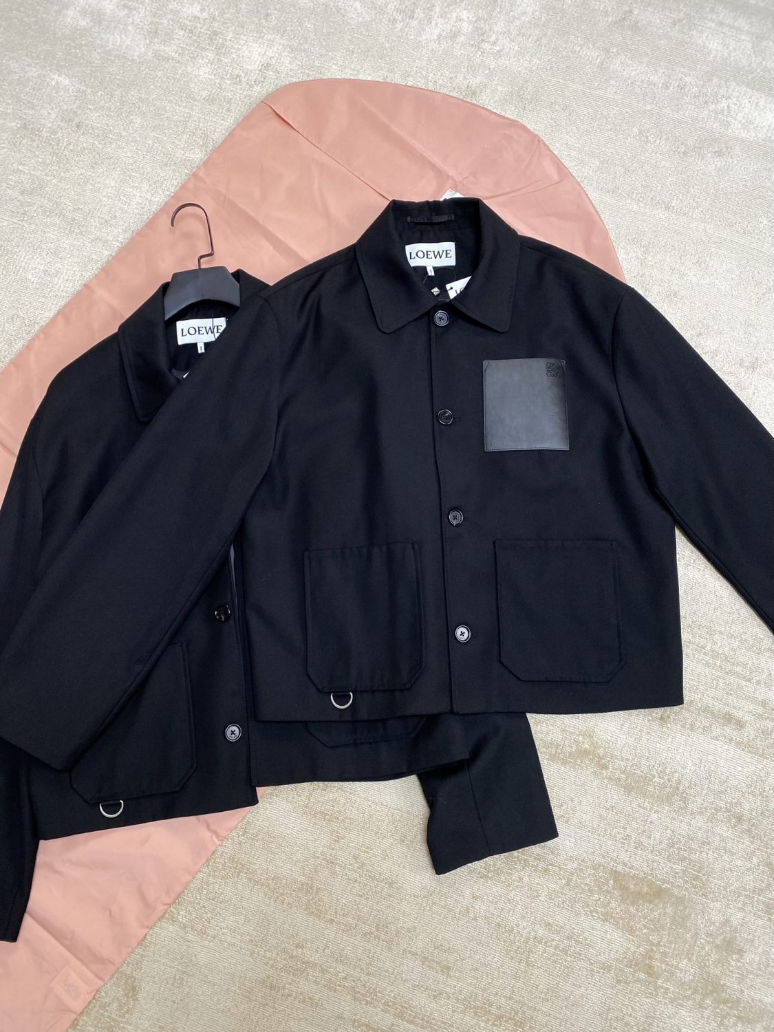 Men's Fall/Winter Logo Embossed Patch Pocket Wool Single Breasted Loose Long Sleeve Jacket #73439